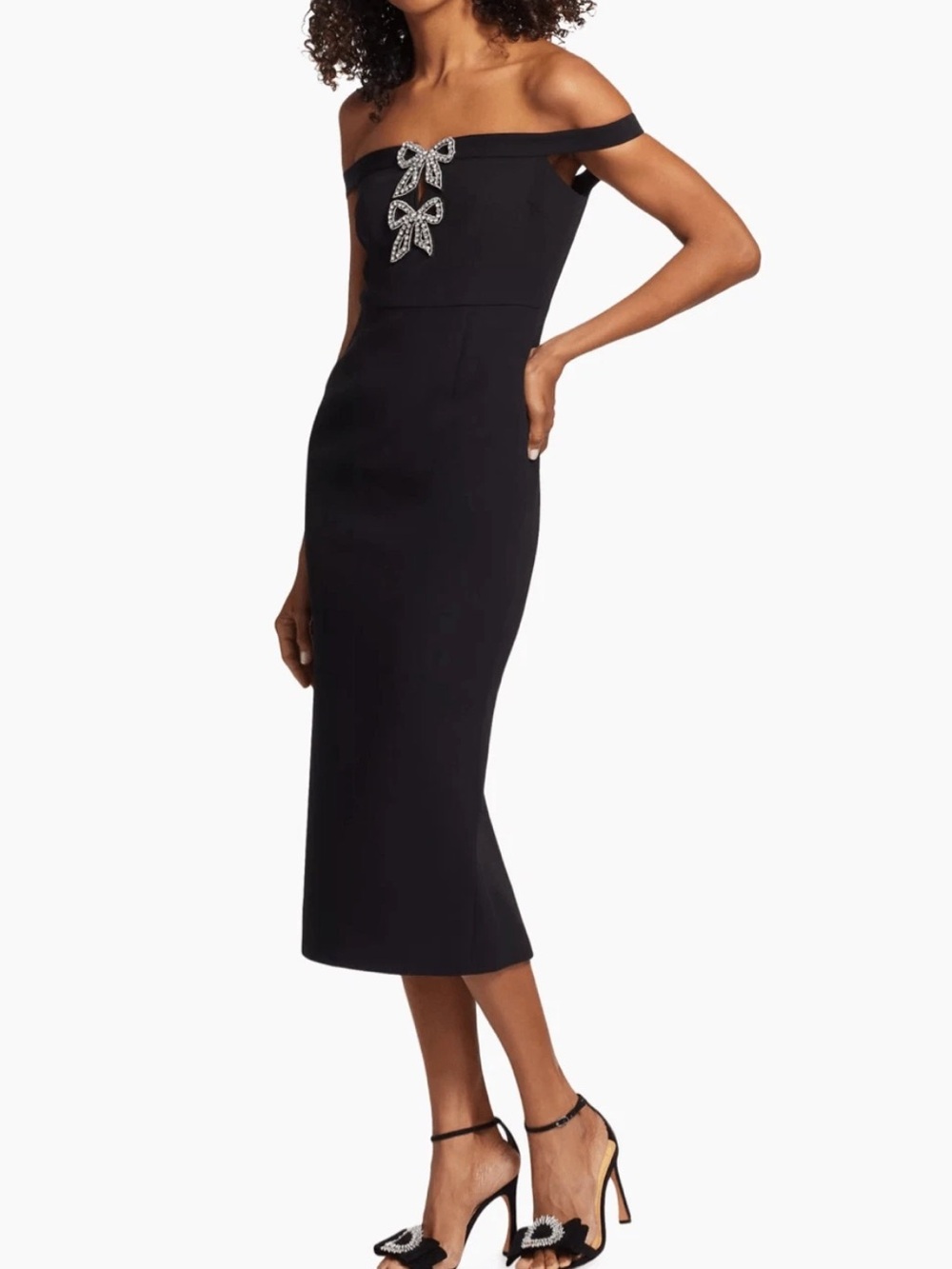 Self-Portrait Diamante Bow Crepe Off-the-Shoulder Midi Dress Women 2 Black - Picture 10 of 10